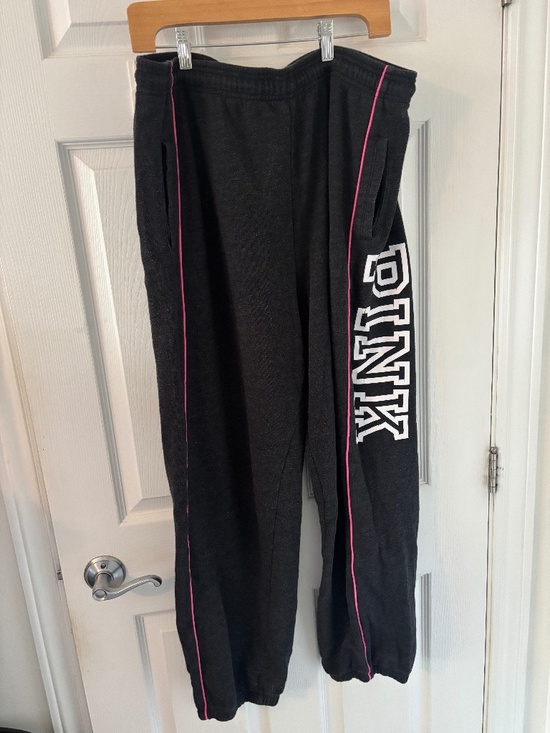 PINK Victoria's Secret Pants - PINK Victoria's Secret Sweatpants Charcoal Dark Grey Pink Piping Graphic Large